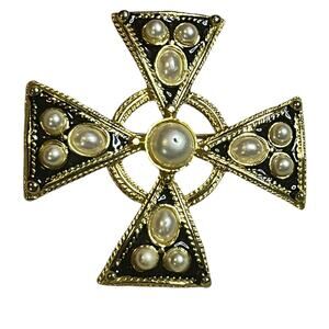 Gold tone and Black Large Maltese Cross Brooch with pearl accents Vintage